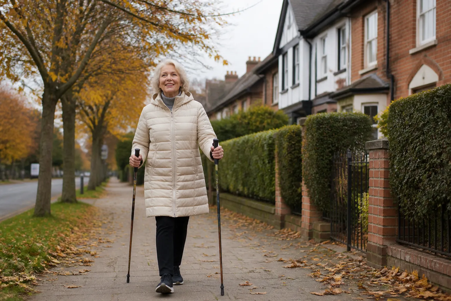 An older adult walking outdoors with purpose