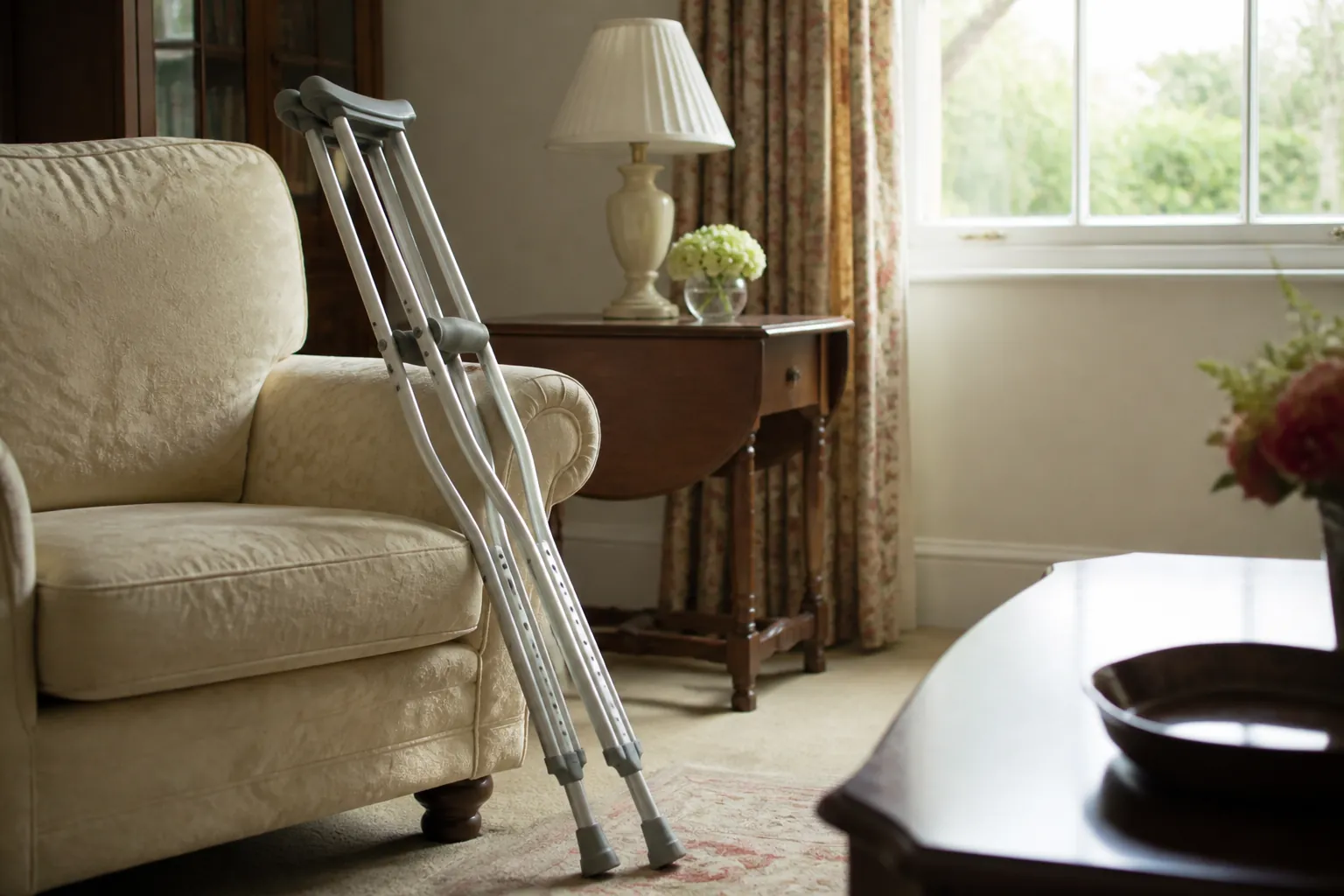 Crutches resting beside an armchair