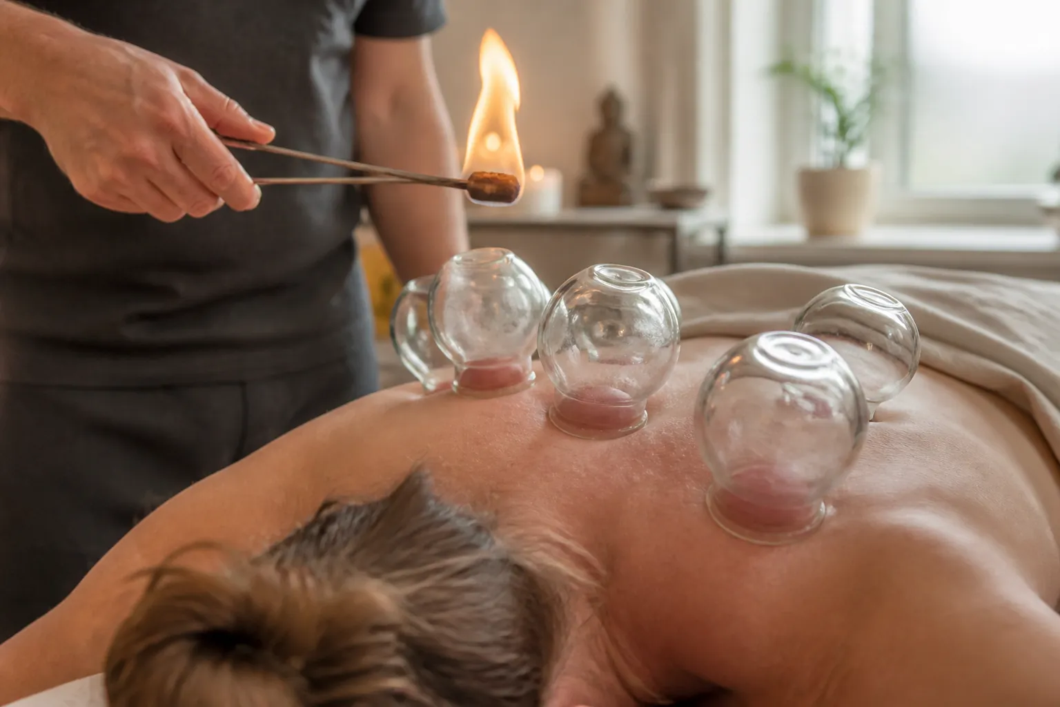 Cupping cups on the back in a clinic