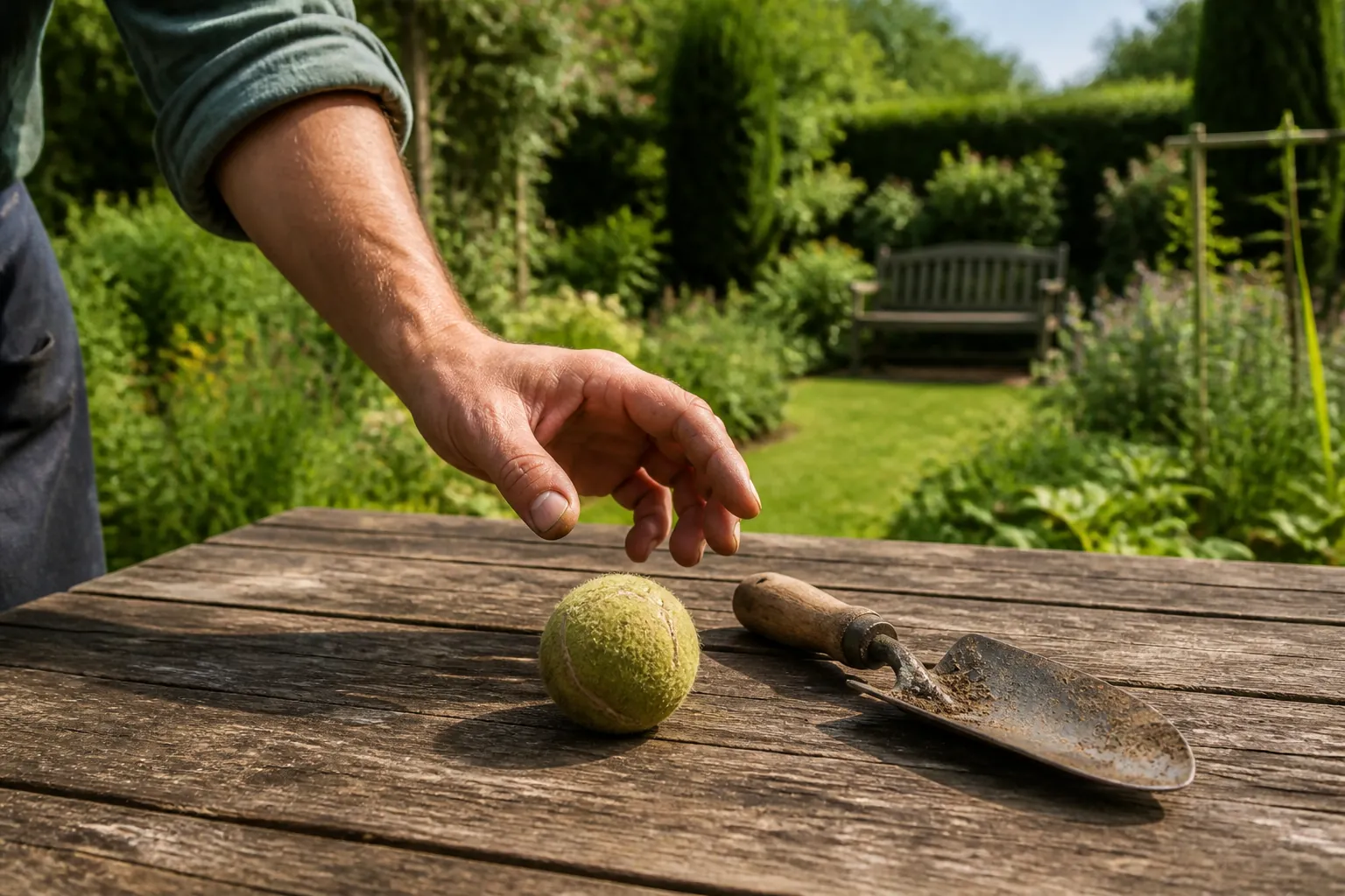 A tennis racket and forearm in an English garden