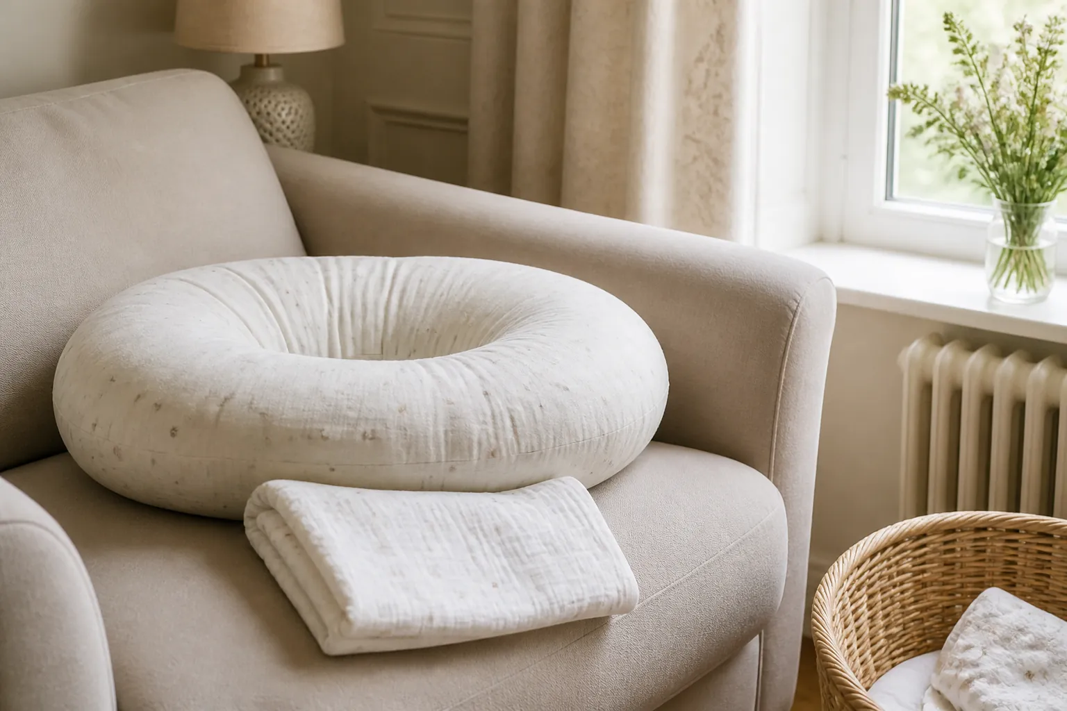 A nursing pillow by a window