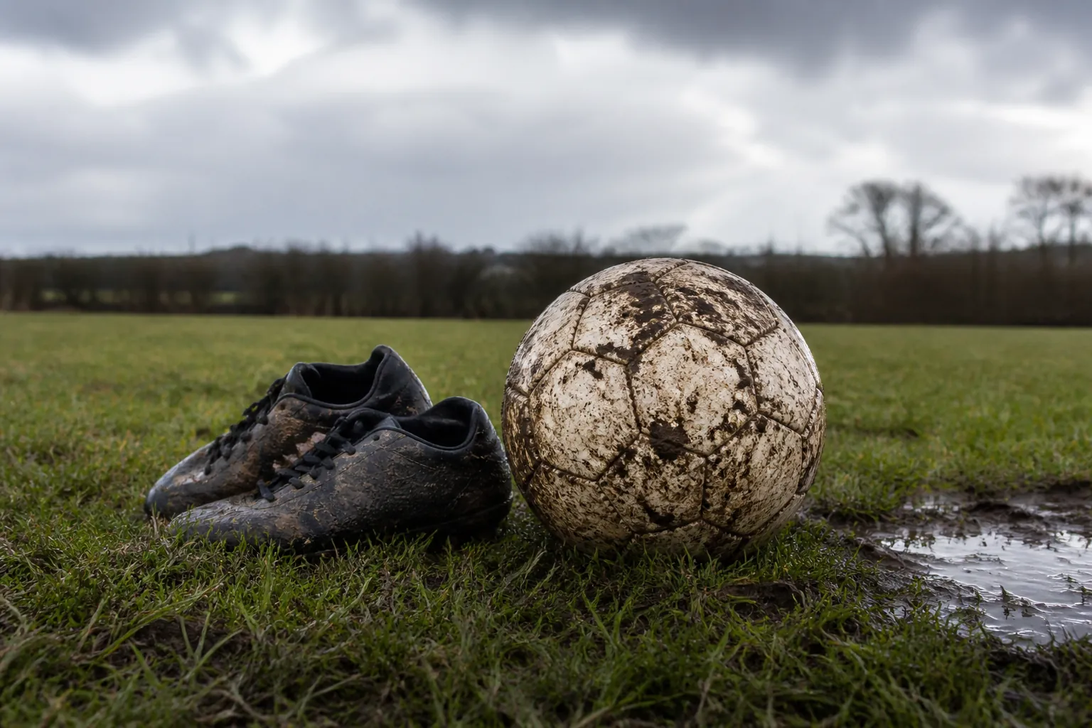 A football and boots on wet English grass