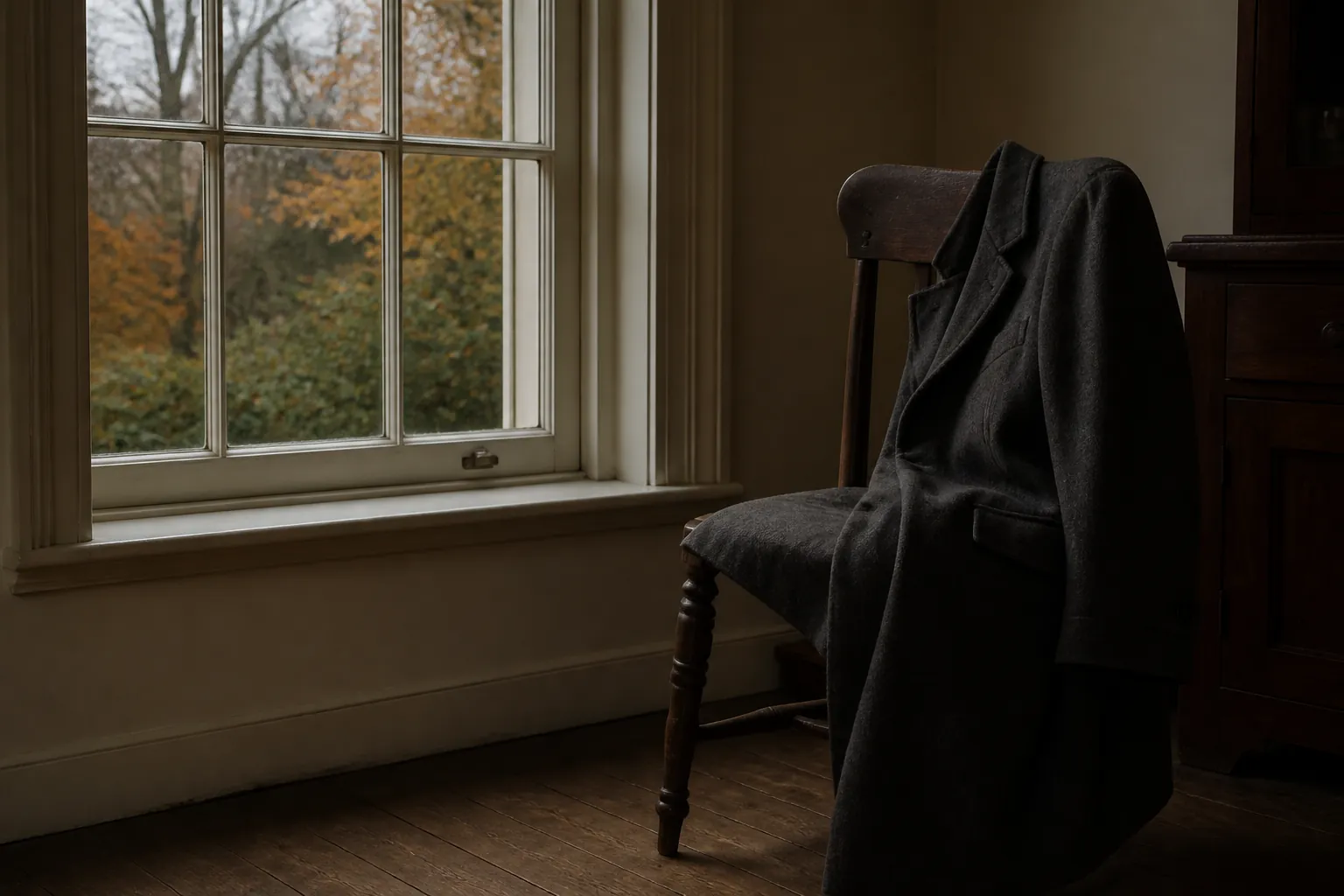 An empty coat on a chair in autumn light