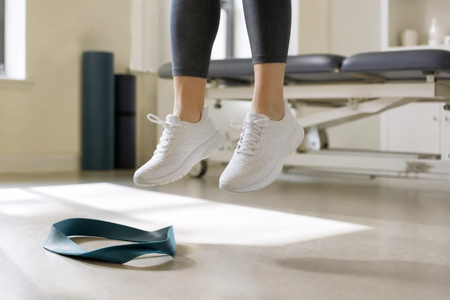 A hop-landing in a physiotherapy clinic