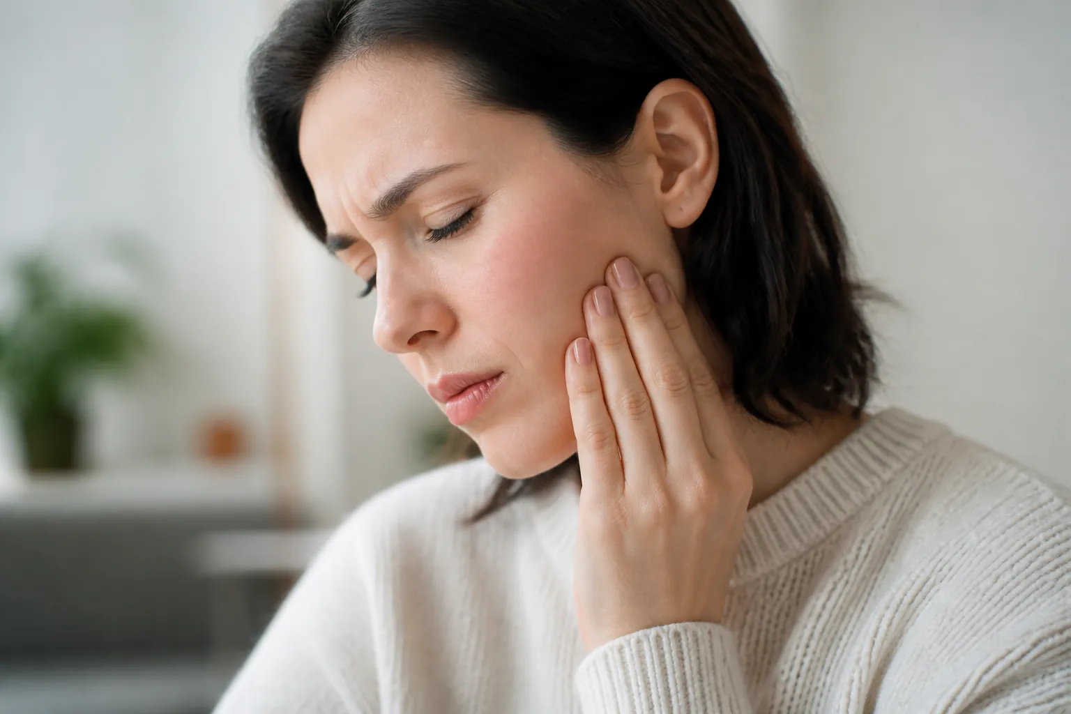 A person holding a tired jaw