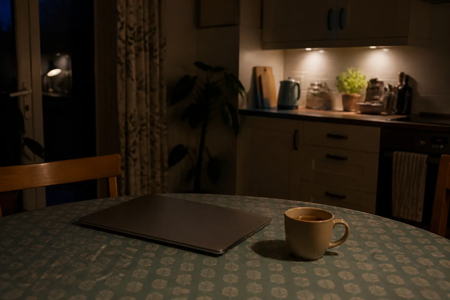 A closed laptop and an untouched mug of tea