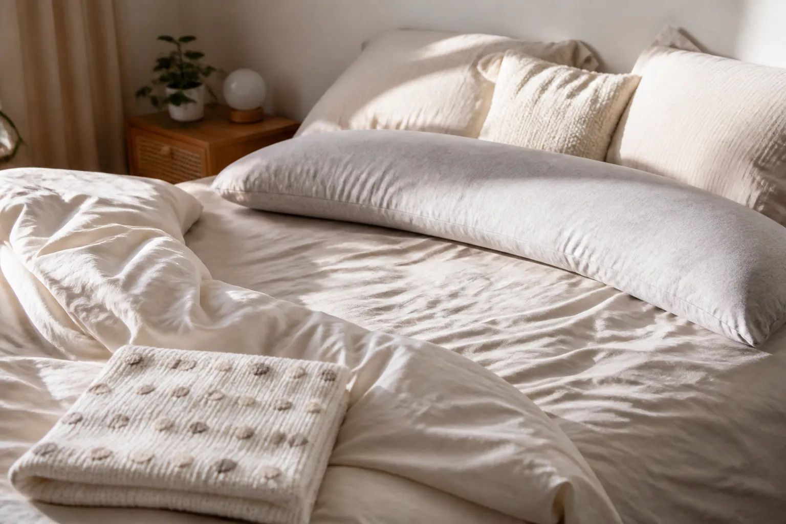 A pregnancy pillow on an unmade bed