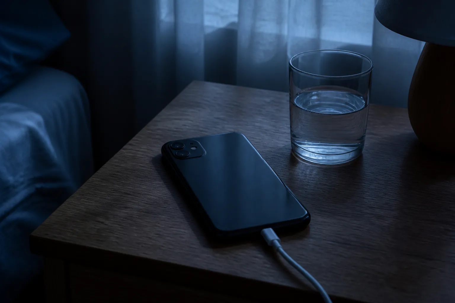 A phone face-down on a bedside table at night