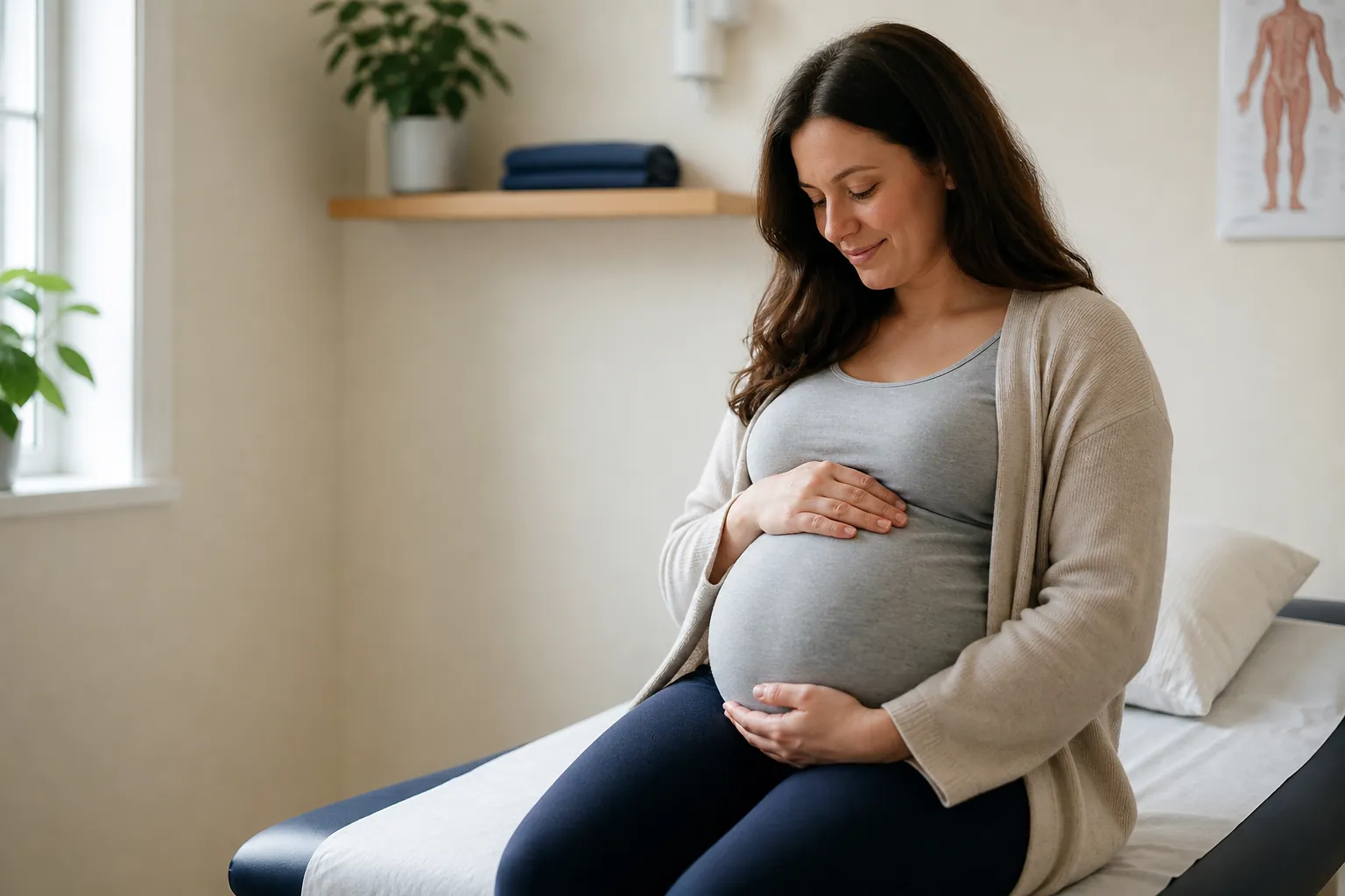 A pregnant woman resting on a clinic couch