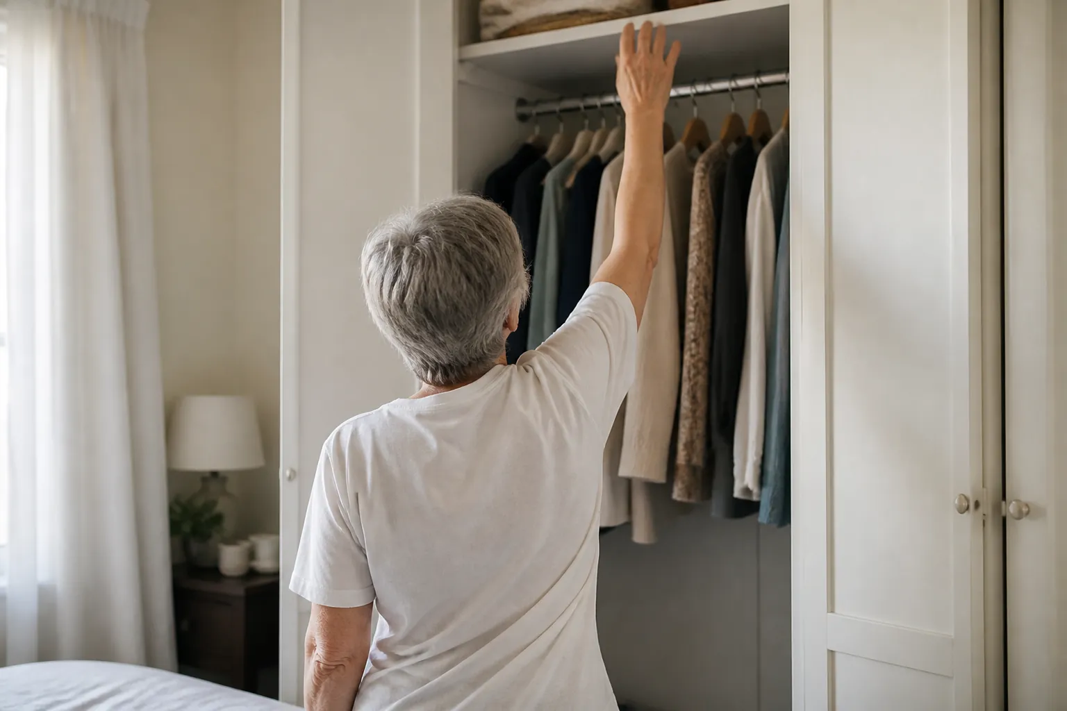 Reaching into a wardrobe with a stiff shoulder