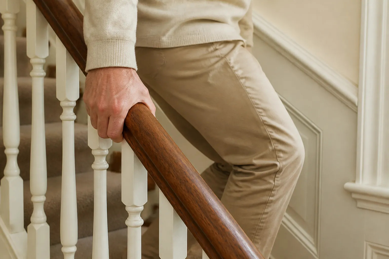 A hand on a banister, taking the stairs carefully