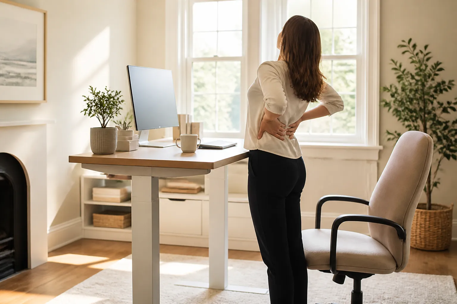 A standing desk in a home office