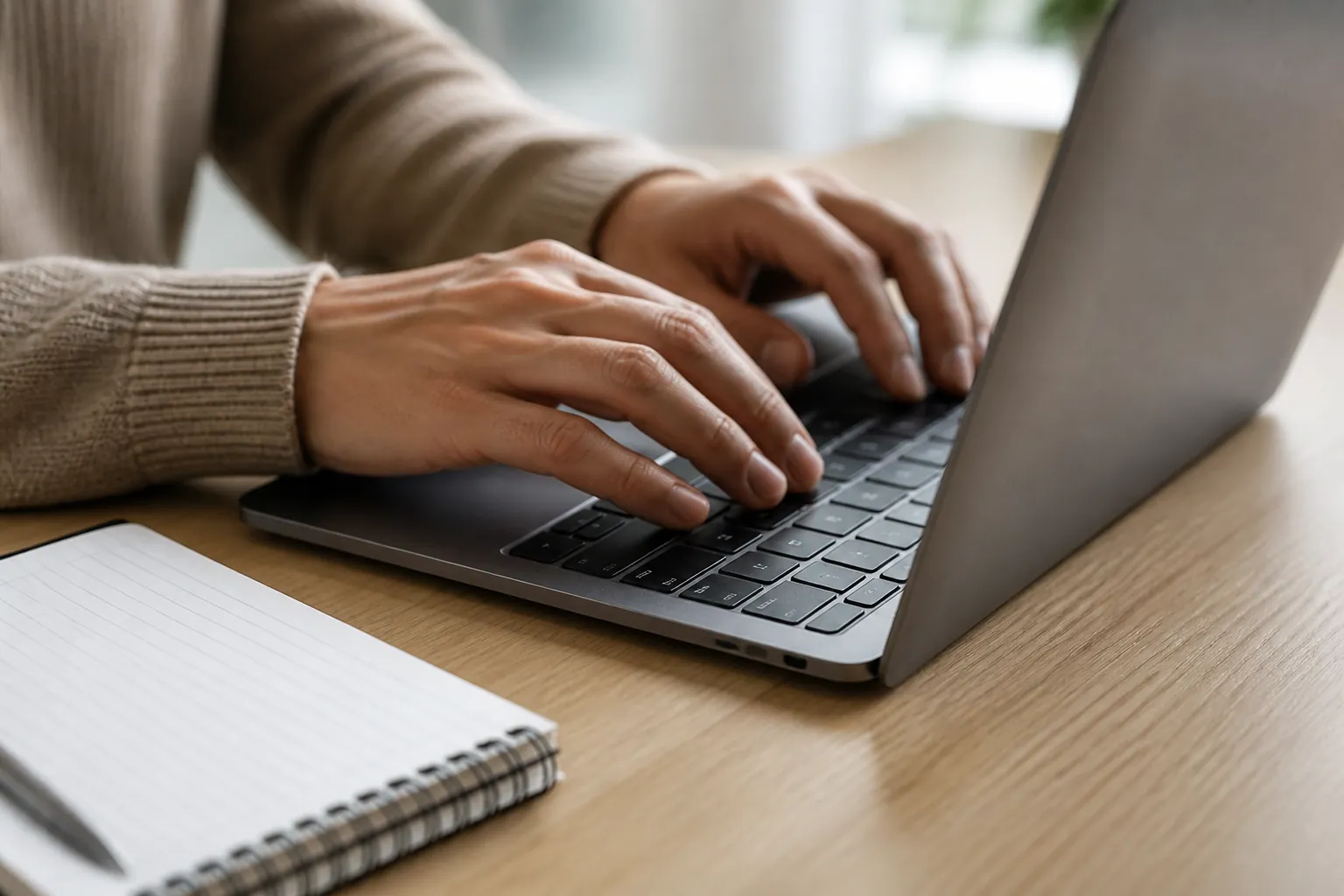 Hands on a laptop keyboard at a pale desk